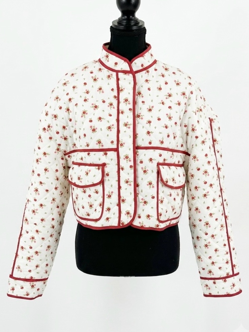 7 FOR ALL MANKIND New Quilted Crop Button Jacket Boxy Oversize Fit White Red XS